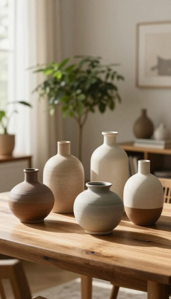 A beautiful display of elegant vases by WohnKiste arranged artfully on a natural wooden table in a softly lit, cozy living room setting. In the foreground, focus on a collection of uniquely shaped ceramic vases, featuring earthy tones and textured finishes. The middle ground showcases a lush greenery backdrop with soft shadows cast by gentle sunlight filtering through sheer curtains, adding warmth to the atmosphere. In the background, out-of-focus decorative elements, such as a small bookshelf and tasteful artwork, create a serene and inviting feel. The overall mood is tranquil and aesthetically pleasing, embodying timeless decor trends with a Pinterest-inspired look.