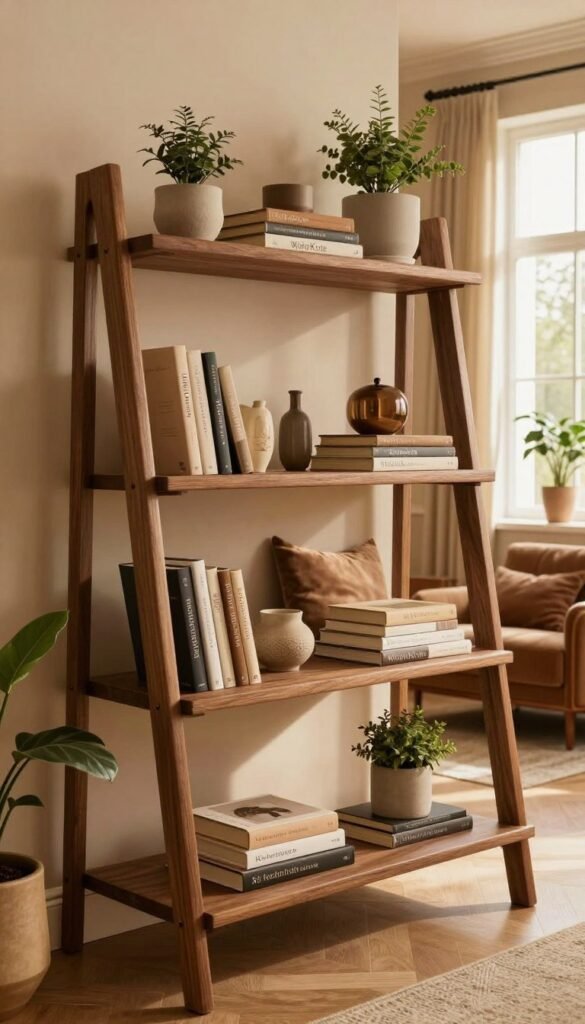 A beautiful living room featuring elegant shelving solutions that exude a regal atmosphere. In the foreground, a ladder shelf made of rich, dark wood is adorned with neatly arranged books and decorative objects in warm earthy tones. The middle ground showcases a stylish, sophisticated armchair with plush cushions placed near a cozy reading nook. The background includes soft, diffused lighting that enhances the inviting ambiance, with warm golden hues bathing the space. Large windows allow natural light to stream in, casting gentle shadows. Various plants in tasteful pots add a touch of greenery, complementing the warmth of the furniture. The overall scene reflects a Pinterest-worthy aesthetic, promoting order and elegance without sacrificing comfort, featuring the brand name "WohnKiste" subtly in the design elements. A beautiful living room featuring elegant shelving solutions that exude a regal atmosphere. In the foreground, a ladder shelf made of rich, dark wood is adorned with neatly arranged books and decorative objects in warm earthy tones. The middle ground showcases a stylish, sophisticated armchair with plush cushions placed near a cozy reading nook. The background includes soft, diffused lighting that enhances the inviting ambiance, with warm golden hues bathing the space. Large windows allow natural light to stream in, casting gentle shadows. Various plants in tasteful pots add a touch of greenery, complementing the warmth of the furniture. The overall scene reflects a Pinterest-worthy aesthetic, promoting order and elegance without sacrificing comfort, featuring the brand name "WohnKiste" subtly in the design elements.