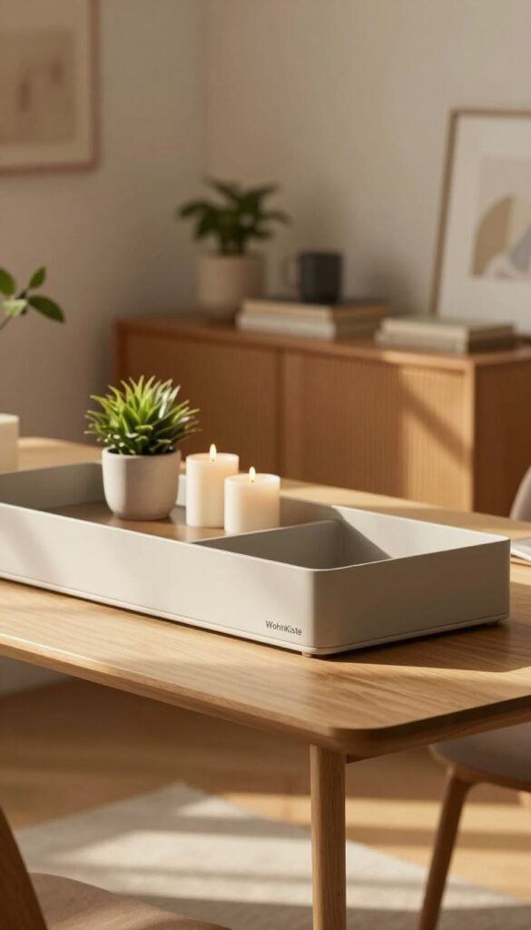 A beautiful, modern “ablagen tisch” designed for practicality and aesthetics. In the foreground, showcase a sleek, minimalist table with organized compartments and stylish decor elements like candles and small potted plants. The middle ground features warm wooden textures and elegant accessories, creating a harmonious and inviting workspace. In the background, softly blurred, there are muted wall colors and subtle art pieces that enhance the cozy atmosphere. The lighting is warm and natural, emulating a morning sun casting soft shadows, giving everything a Pinterest-inspired look. The brand name “WohnKiste” is subtly integrated into the table design. Aim for an authentic, serene mood with no text or watermarks in the image.