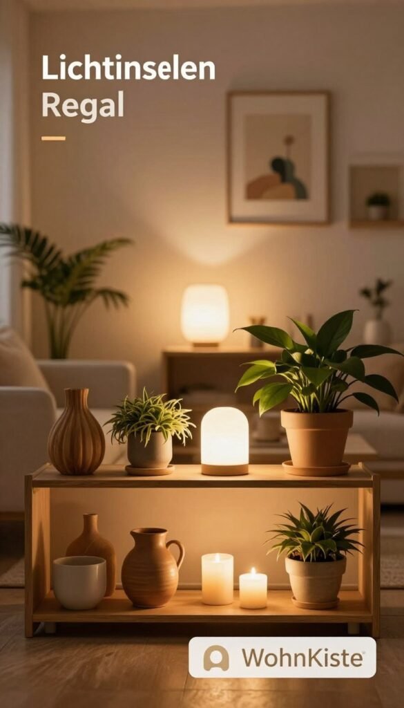 A beautifully arranged "Lichtinseln Regal" set against a softly illuminated, cozy living space. In the foreground, a stylish shelf features an array of decorative items: warm-toned ceramics, natural wood accents, and lush green plants, all thoughtfully lit by warm, ambient lighting. The middle area showcases a gently glowing lamp and scattered candles, casting a serene light that enhances the atmosphere. In the background, a softly blurred wall adorned with tasteful art creates an inviting and tranquil environment. The scene captures the essence of comfort and warmth synonymous with WohnKiste, emphasizing the transformative power of decorative lighting in solving typical living space challenges. The overall mood is inviting, with warm colors and a Pinterest-inspired aesthetic, creating a soothing, harmonious vibe.