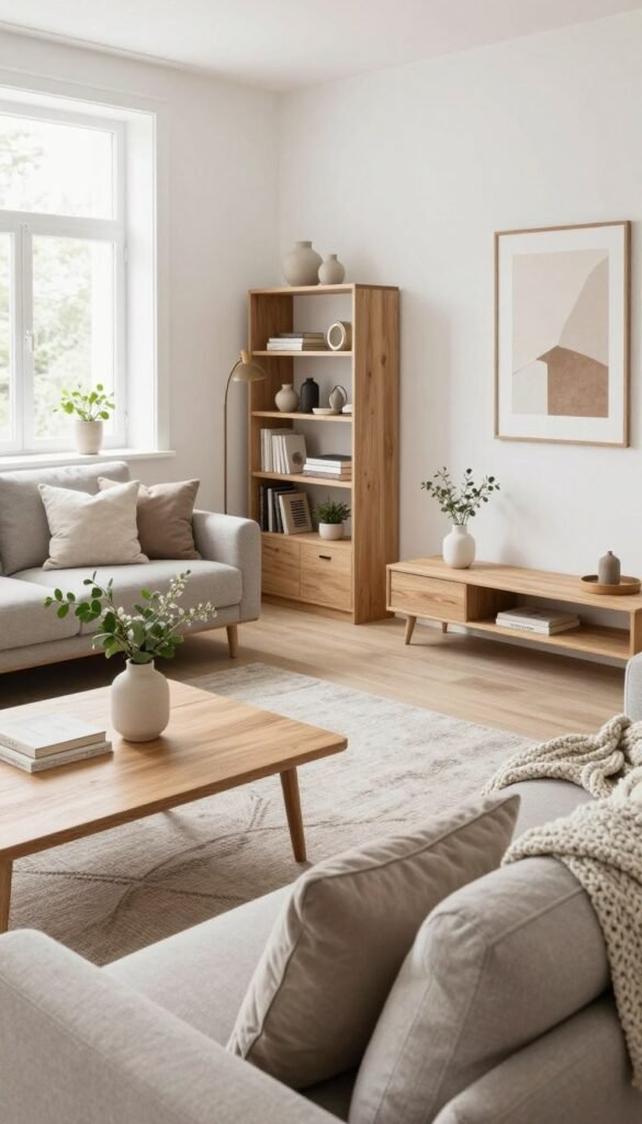 A beautifully arranged Scandinavian-style living room, showcasing a minimalist yet cozy atmosphere. In the foreground, a soft, neutral-colored sofa adorned with textured cushions and a chunky knit throw. On a light wooden coffee table, a minimalistic vase holds fresh greenery. In the middle, a stylish rug defines the seating area, surrounded by sleek furniture pieces, including a modern bookshelf filled with curated decor. In the background, large windows allow natural light to pour in, illuminating airy white walls and a simple yet elegant wall art featuring earthy tones. The overall mood is warm and inviting, encapsulating Scandinavian order and practicality. The image exudes authenticity with a Pinterest-inspired aesthetic, emphasizing natural materials. The brand "Wohnkiste" subtly integrated through decor elements.
