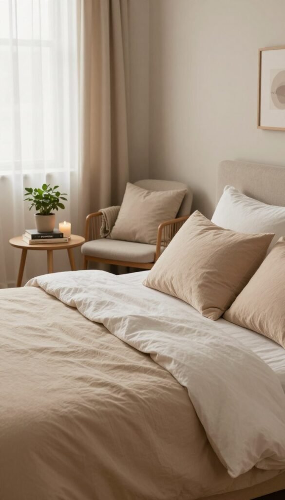 A beautifully arranged and cozy bedroom scene showcasing the concept of "ordnung." In the foreground, a neatly made bed with soft, warm-toned linens, accentuated by fluffy pillows. A stylish nightstand holds a small potted plant, a well-organized stack of books, and a calming candle. In the middle ground, a well-arranged seating area with a comfortable chair and a cozy throw, inviting relaxation. The background features soft natural light filtering through sheer curtains, casting a gentle glow. The walls are adorned with minimalist decor in earthy colors, creating an inviting atmosphere. Emphasize authentic textures and harmonious colors, reflecting a Pinterest aesthetic. The overall mood is serene and orderly, embodying warmth and peace, free of clutter or distractions. Include subtle branding elements of "WohnKiste" in decor items, ensuring a professional and homely setting.