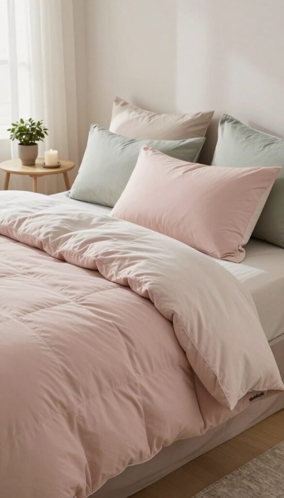 A beautifully arranged bed showcasing luxurious bedding from the brand "WohnKiste" designed to evoke warmth and comfort. In the foreground, plush pillows and a cozy quilt elegantly layered over soft, inviting sheets. The middle ground features a neatly made bed with subtle textures and calming pastel colors, such as soft blush pink and muted sage green, creating a harmonious atmosphere. The background includes a softly illuminated bedroom with natural light filtering through sheer curtains, casting gentle shadows to enhance the peaceful ambiance. Incorporate elements like a bedside table decorated with a small potted plant and a delicate candle to complete the look. The overall mood should feel restful and inviting, ideal for promoting a cozy bedroom retreat.