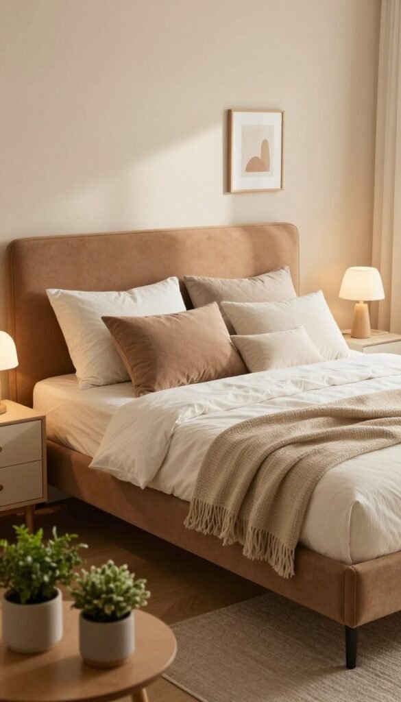 A beautifully arranged bedroom featuring a cozy bed as the focal point, adorned with a plush mattress and elegant bedding. The bed is layered with soft, neutral-colored pillows and a textured throw blanket, creating an inviting atmosphere. The foreground showcases a bedside table with a stylish lamp and a couple of potted plants, adding a touch of greenery. In the middle, the bed's headboard is upholstered in a warm fabric, enhancing the overall comfort of the space. The background features softly lit walls in warm tones, with minimalistic art pieces that evoke tranquility. The scene is illuminated by gentle, natural light streaming in through a window, casting soft shadows. This portrait captures the essence of “WohnKiste,” emphasizing authenticity and a Pinterest-inspired aesthetic, with an inviting, homely vibe.