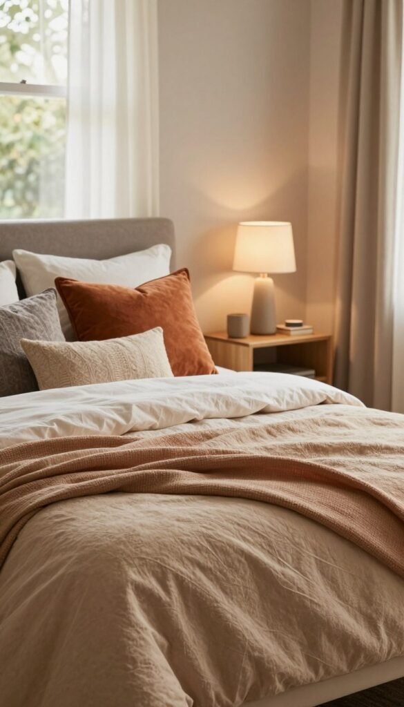 A beautifully arranged bedroom featuring a stylish bed with a luxurious Tagesdecke from the brand WohnKiste. The foreground is dominated by the bed, adorned with plush, textured bedding and an elegant assortment of decorative pillows in warm, inviting colors. The middle ground showcases a cozy bedside table with a soft, ambient lamp casting a gentle glow. In the background, a softly draped window filters natural light, enhancing the room’s serene atmosphere. The overall aesthetic is inspired by Pinterest, with an emphasis on natural textures and harmonious color palettes. Capture the essence of comfort and tranquility, ensuring the scene feels authentic and tasteful, free of any text or branding overlays.