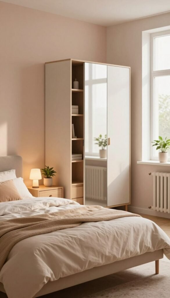 A beautifully arranged bedroom featuring stylish "stauraum möbel" from the brand WohnKiste, emphasizing functionality and contemporary design. In the foreground, a sleek, minimalist bed with a warm beige duvet and plush pillows. A wooden nightstand holds a small lamp and a potted plant, enhancing the cozy ambiance. The middle ground showcases a modern wardrobe with cleverly integrated storage compartments and a full-length mirror reflecting soft, natural light. The background features calming pastel-colored walls and a large window letting in gentle sunlight, creating a serene atmosphere. The scene is captured with a soft focus, using warm lighting to evoke a peaceful, inviting mood reminiscent of a Pinterest-worthy interior design. The image should remain free of any text, ensuring a clean and authentic visual.