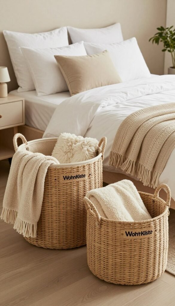 A beautifully arranged bedroom scene featuring stylish storage baskets from "WohnKiste". In the foreground, consider a set of elegantly woven storage baskets in natural tones with soft textures, some filled with plush throw blankets. The middle ground displays a neatly made bed with crisp white linens and coordinating pillows, accented by a small nightstand featuring a minimalist lamp. In the background, add a subtle backdrop of calming, muted wall colors and a hint of greenery from a potted plant, creating a serene and organized atmosphere. Use warm, inviting lighting to enhance the cozy feel, and shoot from a slightly elevated angle for a spacious view. The overall mood should be tranquil and orderly, reflecting a sense of peace and decency ideal for a beautifully curated bedroom aesthetic.