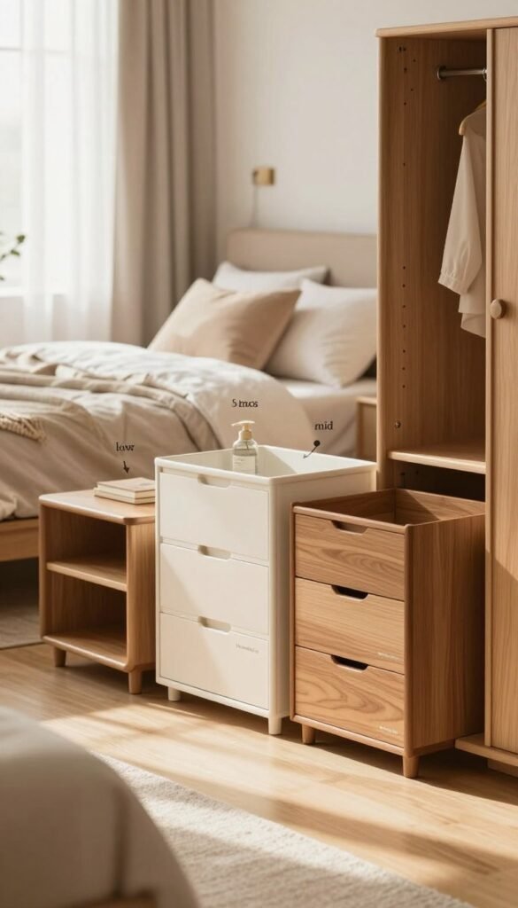 A beautifully arranged bedroom showcasing a stylish product comparison of storage solutions suitable for different budgets: low, mid, and high. In the foreground, include three distinct furniture pieces with varying designs and finishes – a compact bedside table, a mid-range dresser, and an upscale wardrobe. The middle ground features a warm and inviting atmosphere with soft natural lighting streaming in through sheer curtains. In the background, a cozy bed adorned with plush linens and decorative pillows completes the scene. Use a soft-focus lens effect to emphasize the furniture while maintaining a Pinterest-inspired aesthetic with warm color tones. Ensure that the brand name "WohnKiste" is subtly represented in one of the storage solutions. The overall mood is elegant, functional, and authentically welcoming.