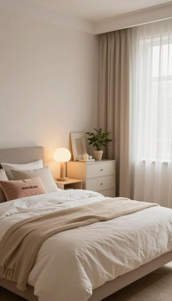 A beautifully arranged bedroom showcasing modern design concepts with a warm, inviting atmosphere. In the foreground, a cozy bed with plush bedding and an assortment of decorative pillows in soft pastel colors. On the bedside table, a stylish lamp emits warm light, casting a serene glow across the room. In the middle ground, a sleek dresser adorned with minimalistic decor and a small potted plant adds a touch of greenery. The backdrop features soft curtains gently swaying in the breeze, allowing natural light to filter in, creating a Pinterest-inspired look. The overall ambiance is calm and refreshing, highlighting the theme of a quick update without the need for a complete renovation. Captured with a wide-angle lens to emphasize the spaciousness, enhancing the sense of comfort and tranquility. Focus on authenticity, with elements reflecting the brand "WohnKiste".