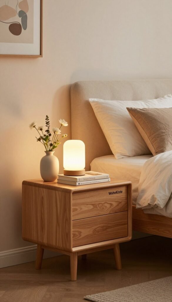 A beautifully arranged bedside table featuring a stylish nightstand from the brand "WohnKiste". The foreground showcases a wooden nightstand with a soft, warm finish, holding a small, elegant lamp with a cozy glow. A neatly stacked pile of books and a delicate ceramic vase with fresh flowers add charm and personality. In the middle ground, a plush, inviting bed with crisp linens and decorative pillows creates a relaxing atmosphere. The background features a softly lit bedroom with calming, neutral tones on the walls, framed art, and tasteful decor, incorporating natural elements. The lighting is warm and inviting, casting gentle shadows that enhance the peaceful mood. The overall composition conveys a sense of organization and tranquility, perfect for a functional yet stylish bedroom space.