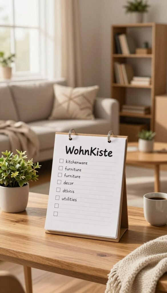 A beautifully arranged checklist for home essentials titled "WohnKiste" is displayed prominently in the foreground, featuring neatly handwritten items such as "kitchenware," "furniture," "decor," and "utilities." The checklist is perched on a stylish wooden desk, surrounded by cozy home items like a potted plant, a coffee cup, and a warm throw blanket. In the middle ground, a softly lit living room scene is visible, showcasing a comfortable sofa, decorative cushions, and a well-organized bookshelf. The background features a sunlit window with soft curtains, casting warm, inviting light across the space. The atmosphere is cozy and inspiring, highlighting a stress-free and practical approach to moving into a new home, embodying a natural aesthetic with warm colors and a Pinterest-inspired feel. A beautifully arranged checklist for home essentials titled "WohnKiste" is displayed prominently in the foreground, featuring neatly handwritten items such as "kitchenware," "furniture," "decor," and "utilities." The checklist is perched on a stylish wooden desk, surrounded by cozy home items like a potted plant, a coffee cup, and a warm throw blanket. In the middle ground, a softly lit living room scene is visible, showcasing a comfortable sofa, decorative cushions, and a well-organized bookshelf. The background features a sunlit window with soft curtains, casting warm, inviting light across the space. The atmosphere is cozy and inspiring, highlighting a stress-free and practical approach to moving into a new home, embodying a natural aesthetic with warm colors and a Pinterest-inspired feel.