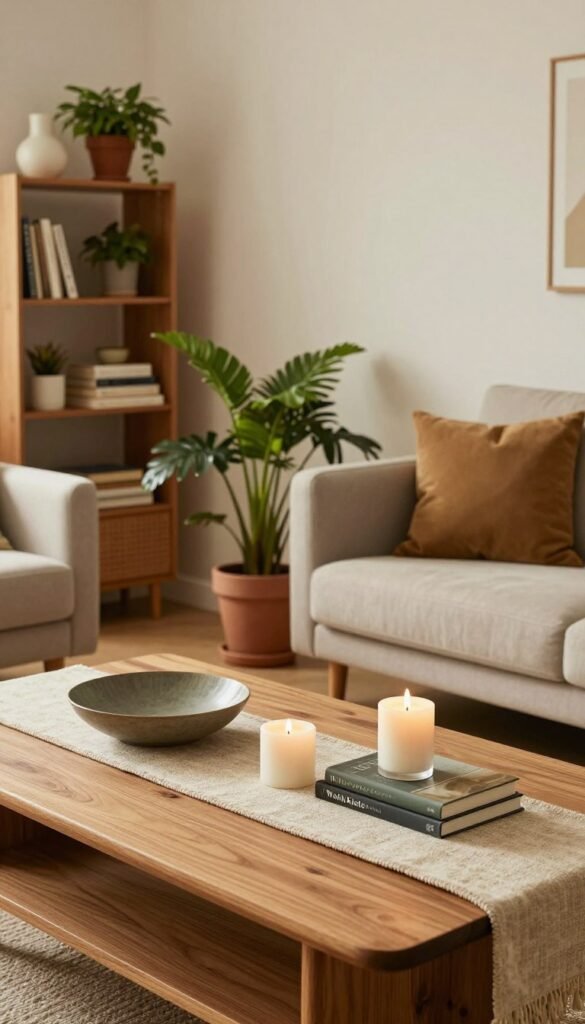 A beautifully arranged collection of Wohnaccessoires in a cozy, modern living space, featuring warm, natural colors. In the foreground, a stylish wooden coffee table is adorned with a decorative bowl, trendy candles, and a soft fabric runner. In the middle, vibrant potted plants and carefully selected books add charm and personality. In the background, a tastefully decorated shelf and a plush sofa create an inviting atmosphere. Soft, diffused lighting fills the room, casting a warm glow, while a wide-angle view captures the harmonious blend of textures and styles. The overall mood is tranquil and welcoming, emphasizing thoughtful combinations that make home decor look effortlessly cohesive. Include elements that reflect the essence of the brand "WohnKiste" to enhance the authentic Pinterest aesthetic.
