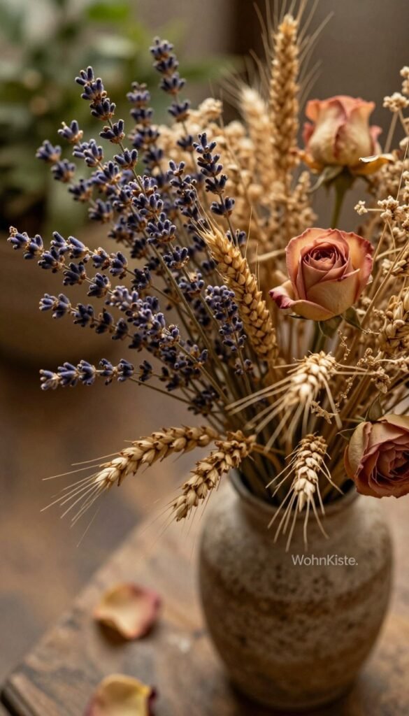 A beautifully arranged collection of dried flowers (trockenblumen) displayed elegantly in a rustic vase, emphasizing warm, earthy tones and a cozy, Pinterest-inspired aesthetic. In the foreground, focus on delicate sprigs of lavender, golden wheat, and muted rose petals cascading gently from the vase. The middle ground features subtle shadows and soft textures that enhance the organic feel, while the background presents a softly blurred natural setting with hints of greenery, suggesting a serene indoor environment. The lighting should be warm and inviting, casting gentle highlights that create depth and a homely atmosphere. Capture this scene from a slightly elevated angle to emphasize the composition. Authentic and without any text or watermarks, reflecting the essence of "WohnKiste."