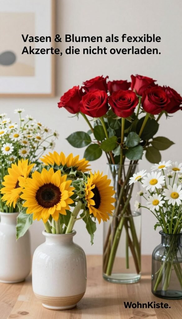 A beautifully arranged collection of vases filled with fresh flowers, showcasing a harmonious blend of colors and textures. In the foreground, a simple, elegant ceramic vase holds vibrant sunflowers and delicate white daisies, exuding warmth and natural beauty. In the middle, a taller, slender glass vase displays striking red roses alongside lush green foliage, creating a subtle sense of depth. The background features a softly blurred, light-colored wall adorned with minimalist artwork, enhancing the overall aesthetic. The scene is bathed in gentle, natural lighting that highlights the freshness of the flowers and the simplicity of the vases. The atmosphere is serene and inviting, perfect for a cozy home setting. This image embodies the concept of "Vasen & Blumen als flexible Akzente, die nicht überladen." Featuring the brand name "WohnKiste."