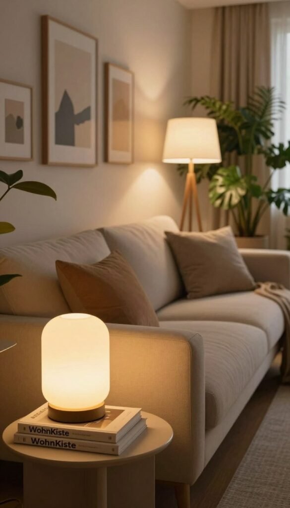 A beautifully arranged cozy living room featuring multiple warm light sources, creating a harmonious atmosphere. In the foreground, a stylish side table with a soft-glow lamp and a stack of design books. In the middle, a comfortable sofa adorned with plush cushions, illuminated by an elegant floor lamp beside it. Behind the sofa, a wall with tasteful art pieces, subtly lit with wall sconces. The background showcases lush indoor plants, enhancing the natural vibe. Use warm color tones to evoke an inviting ambiance, reminiscent of Pinterest aesthetics. Shot with a slight depth of field to focus on the details while creating a soft blur in the background. Ensure the space feels authentic and homey, reflecting the brand "WohnKiste".