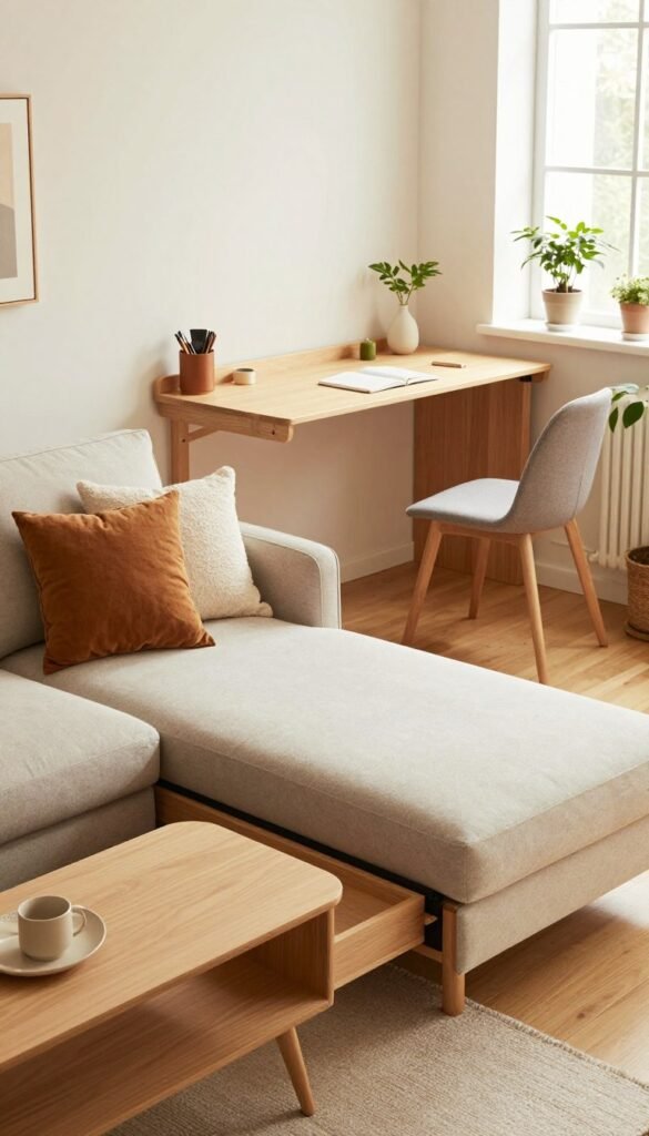 A beautifully arranged cozy living space featuring multifunctional furniture that embodies practicality and comfort. In the foreground, a stylish, compact sofa turned into a bed, adorned with soft, textured cushions in warm, inviting colors. Next to it, a clever coffee table with hidden storage gracefully blends in. In the middle of the scene, a wall-mounted desk offers a workspace that folds away, featuring minimalistic decor to maintain a clean aesthetic. The background showcases a well-lit room with large windows allowing natural light to flood in, illuminating warm wooden floors and plants that enhance the inviting atmosphere. The space reflects a Pinterest aesthetics with authentic, homely touches, created by WohnKiste, capturing the essence of adaptable living without any text overlays.
