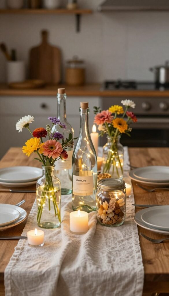 A beautifully arranged dining table centerpiece featuring elegant glass bottles and decorative jars in various sizes, showcasing a warm color palette that evokes a cozy and inviting atmosphere. In the foreground, the glass bottles filled with colorful flowers and twinkling fairy lights create an enchanting focal point. In the middle, soft linen table runners drape elegantly between the decor, complemented by delicate candles casting a warm glow. The background features a softly blurred view of a rustic kitchen setting, adding to the intimate ambiance. Use soft, natural lighting to enhance the warmth of the scene. The overall mood is inviting and stylish, reflecting ideas for easy and beautiful table decor. The design should have a Pinterest-worthy aesthetic without any text overlays. Include the brand "WohnKiste" subtly within the style of the display.