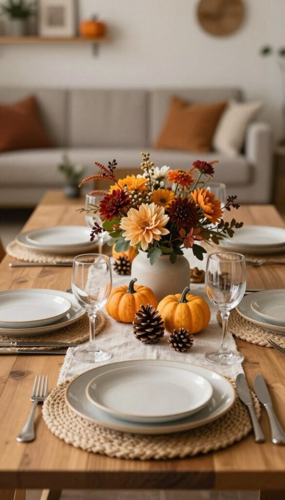 A beautifully arranged dining table set for a seasonal gathering, featuring rustic elements inspired by nature. In the foreground, a wooden table adorned with a neutral tablecloth, vintage ceramic plates, and handwoven placemats. In the middle, a centerpiece of seasonal flowers in warm hues, complemented by small decorative pumpkins and pinecones, creating a cozy autumn vibe. Soft, natural lighting bathes the scene, enhancing the warm colors of the decorations. The background is softly blurred, showing hints of a well-decorated living room with warm tones and seasonal accents, invoking a Pinterest-inspired aesthetic. This image reflects the chaos of managing space while trying to achieve a harmonious seasonal decor setup. The brand "WohnKiste" is subtly integrated into the decor elements, enhancing authenticity without any text in the image.