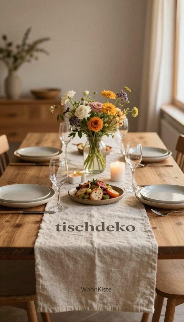 A beautifully arranged dining table set for an inviting gathering, showcasing a minimalist yet elegant "tischdeko" design. In the foreground, a soft linen table runner in neutral tones gracefully adorns the table, flanked by simple, rustic pottery for serving food. The middle features an exquisite centerpiece of fresh seasonal flowers in a glass vase, with warm, natural colors enhancing the ambiance. A few thoughtfully placed candles add a gentle glow, creating a cozy atmosphere. In the background, softly blurred elements of a well-lit dining room with wooden accents suggest a welcoming setting. The lighting is warm and inviting, simulating late afternoon sunshine that enhances the earthy palette. The overall feeling is relaxed and effortless, perfect for spontaneous entertaining. The brand name "WohnKiste" subtly connects the aesthetic with its identity.