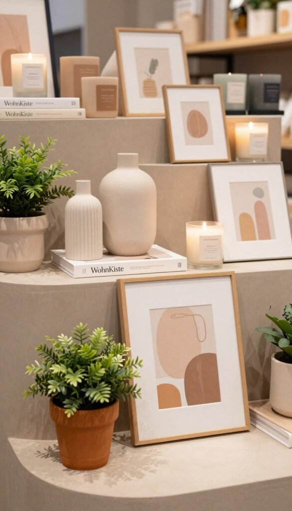 A beautifully arranged display of home decor products categorized by budget: foreground features a stylish table showcasing low-budget decor options like potted plants and minimalistic wall art; middle layer includes mid-range items such as elegant vases and decorative books; background presents high-end accessories like luxury candles and designer frames. The scene is illuminated with warm, natural lighting, creating an inviting atmosphere. The color palette consists of soft earth tones and pastel hues, enhancing the cozy, Pinterest-inspired aesthetic. Use a shallow depth of field to focus on the foreground, with a slightly blurred background that still highlights the premium products. Overall, the image conveys a harmonious blend of affordability and elegance, branded subtly as "WohnKiste". A beautifully arranged display of home decor products categorized by budget: foreground features a stylish table showcasing low-budget decor options like potted plants and minimalistic wall art; middle layer includes mid-range items such as elegant vases and decorative books; background presents high-end accessories like luxury candles and designer frames. The scene is illuminated with warm, natural lighting, creating an inviting atmosphere. The color palette consists of soft earth tones and pastel hues, enhancing the cozy, Pinterest-inspired aesthetic. Use a shallow depth of field to focus on the foreground, with a slightly blurred background that still highlights the premium products. Overall, the image conveys a harmonious blend of affordability and elegance, branded subtly as "WohnKiste".