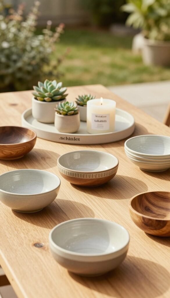 A beautifully arranged display of "schalen" (bowls) and "tabletts" (trays) on a natural wooden table, sitting outdoors under soft, warm sunlight. In the foreground, a variety of elegant, artisanal bowls made from ceramic and wood, showcasing intricate details and distinct textures. The middle ground features a stylish, minimalistic tray holding decorative items like succulents and candles, maintaining a clean and organized aesthetic. The background reveals a blurred garden scene with greenery, enhancing the serene and inviting atmosphere. The overall color palette is warm and earthy, embodying a cozy Pinterest-inspired look. The brand "WohnKiste" subtly integrated into the scene, emphasizing quality and design. The composition captures a sense of harmony and sophistication without any text or distractions.