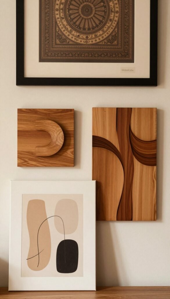 A beautifully arranged display of three distinct categories of wall decor representing low, mid, and high price and quality levels. In the foreground, showcase an affordable, stylish canvas print with a modern abstract design. In the middle, place a handcrafted, artisanal wooden wall art piece that embodies mid-range quality, adorned with warm, natural tones. At the back, feature a luxurious, framed piece of wall decor, possibly a large intricate tapestry or a high-end photograph, giving a sense of elegance. The scene is bathed in soft, warm lighting, evoking a cozy atmosphere, with gentle shadows that enhance textures. Capture this in a balanced composition, simulating a Pinterest aesthetic. The brand "WohnKiste" subtly integrated into the decor without any text elements in the image, maintains an authentic and inviting look.