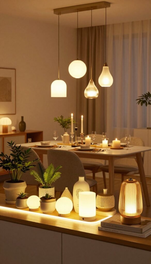 A beautifully arranged display of various LED lights designed for home decoration, showcasing a mix of styles such as modern, vintage, and minimalist. In the foreground, a sleek LED strip runs along a wooden shelf, illuminating decorative items like plants and books. In the middle area, pendant lights hang gracefully above a stylish table setting, featuring candles and unique centerpieces. The background consists of a softly lit living space with warm colors, cozy textures, and elegant curtains that complement the ambiance. The overall mood is inviting and calming, evoking a Pinterest-worthy aesthetic. Capture this scene with a warm glow, using a lens that emphasizes depth, creating a harmonious blend of light and shadow, while ensuring no text or logos appear in the image, except subtly including the brand name "WohnKiste."