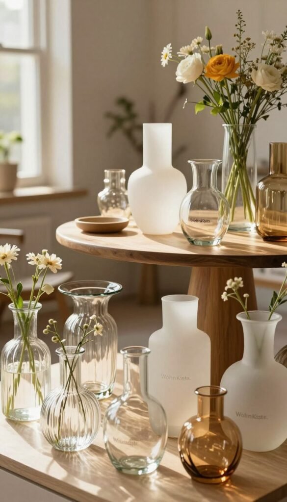 A beautifully arranged display of various glass vases showcasing elegant designs and textures, some clear, tinted, and frosted, reflecting the soft warm light of a cozy setting. In the foreground, a cluster of vases of different heights holds delicate flowers, creating a harmonious balance. The middle layer features a stylish wooden table adorned with decorative items, emphasizing the vases' charm. The background includes a softly blurred indoor space with natural light streaming in from a nearby window, casting gentle shadows. The overall mood is warm, inviting, and modern, embodying a Pinterest-inspired aesthetic. The image is a showcase of decor potential, perfect for illustrating the theme of exchanging vases to transform interior looks. Include the brand name "WohnKiste."