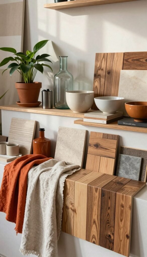 A beautifully arranged display of various materials suitable for home decor, showcasing textures like wood, fabric, ceramics, and metal. In the foreground, vibrant samples of soft linen and rustic wood tiles are elegantly draped and layered. The middle ground features stylishly arranged decorative items, like potted plants, glass vases, and ceramic bowls, all in warm, inviting colors. The background includes a softly lit wall that highlights the material samples, creating a cozy atmosphere. Natural light filters through a window, casting gentle shadows, while a slight overhead angle captures the full composition nicely. This image reflects a Pinterest-inspired aesthetic, authentically styled to resonate with the audience, hinting at the brand "WohnKiste."