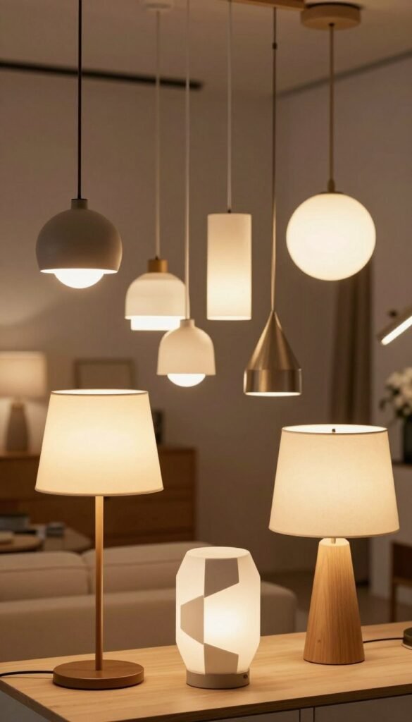 A beautifully arranged display of various modern light fixtures, showcasing a selection of stylish lamps from the brand "WohnKiste". In the foreground, an elegant floor lamp with a warm glow illuminates the scene, complemented by a contemporary table lamp with a unique geometric design. In the middle ground, a cluster of pendant lights hangs gracefully from the ceiling, featuring different shapes and materials, creating a visually appealing contrast. The background is softly blurred, hinting at a cozy living space with neutral-toned walls and warm wood accents. The lighting emphasizes the warm hues and textures, evoking a welcoming and inspiring atmosphere, perfect for contemporary interior design. The image should embody a Pinterest-style aesthetic, focusing on authenticity and warmth, without any text or watermarks.