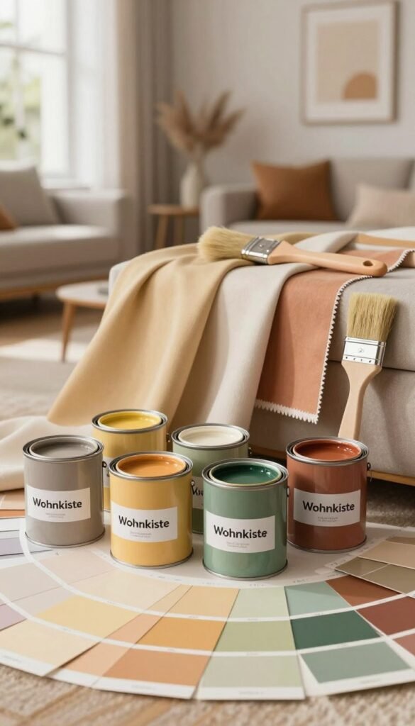 A beautifully arranged display of various paint samples and color swatches showcasing harmonious color concepts for home interiors. In the foreground, a set of colorful paint cans from the brand "Wohnkiste" with varying shades of warm tones, including soft yellows, muted greens, and earthy terracottas. The middle section features elegantly draped fabric swatches and a stylish brush, symbolizing the creative process of choosing colors. The background is a softly lit blurred interior of a modern room with tasteful, minimalist decor that complements the color scheme, inviting a sense of tranquility and warmth. The lighting is warm and natural, mimicking soft daylight through a window. The mood is inviting and inspiring, suited for a harmonious living space without any text or clutter. A beautifully arranged display of various paint samples and color swatches showcasing harmonious color concepts for home interiors. In the foreground, a set of colorful paint cans from the brand "Wohnkiste" with varying shades of warm tones, including soft yellows, muted greens, and earthy terracottas. The middle section features elegantly draped fabric swatches and a stylish brush, symbolizing the creative process of choosing colors. The background is a softly lit blurred interior of a modern room with tasteful, minimalist decor that complements the color scheme, inviting a sense of tranquility and warmth. The lighting is warm and natural, mimicking soft daylight through a window. The mood is inviting and inspiring, suited for a harmonious living space without any text or clutter.