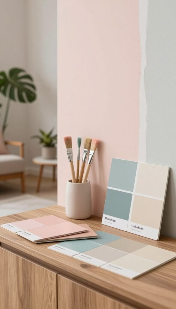 A beautifully arranged display of various wall paint (wandfarbe) samples from the brand "Wohnkiste". The foreground features a stylish palette, featuring warm, inviting colors like soft blush pink, muted teal, and creamy beige arranged artistically on a sleek, modern wooden surface. In the middle, an assortment of paint swatches and brushes stands beside a freshly painted wall showcasing a harmonious pastel shade, emphasizing the timeless elegance of color concepts. The background reveals a softly lit, airy room decorated with plants and minimalist furniture, creating a Pinterest-inspired look. Warm, natural lighting enhances the inviting atmosphere, capturing a sense of comfort and style perfect for a home renovation or interior design article.