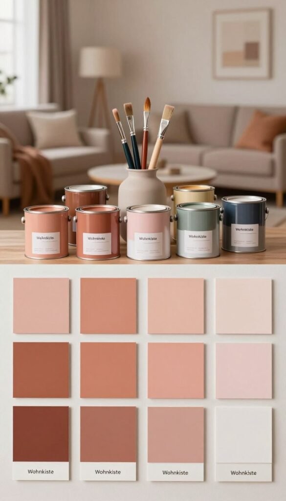 A beautifully arranged display of wall paint samples from the brand "Wohnkiste", showcasing a variety of 12 warm colors ideal for living spaces. The foreground features swatches in subtle gradients ranging from rich terracottas to soft blush pinks. The middle layer displays different paint cans and brushes artistically placed to suggest the DIY aspect of home decoration. The background captures a softly lit interior setting, with a cozy living room as inspiration, featuring warm lighting that enhances the inviting atmosphere. The overall mood is warm and inviting, reminiscent of a Pinterest aesthetic, emphasizing natural tones and textures without any text or branding on the image itself.