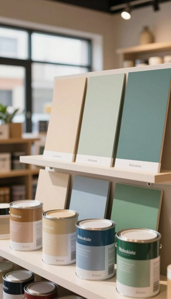 A beautifully arranged display showcasing a variety of wall paints by the brand "Wohnkiste" in a stylish shop setting. In the foreground, there are several color swatches and paint cans in warm, inviting tones like soft beige, cool blue, and vibrant green, expertly lit to highlight their textures. The middle ground features a modern, minimalist display shelf with sample walls painted in these colors, allowing for comparison of finishes. In the background, the shop has large windows letting in natural light, creating a cozy atmosphere. The overall mood is warm and inviting, ideal for inspiring readers to select the perfect wall paint for their budget and style considerations. The image should have a Pinterest-like aesthetic, with authentic styling and no text, watermarks, or distractions.
