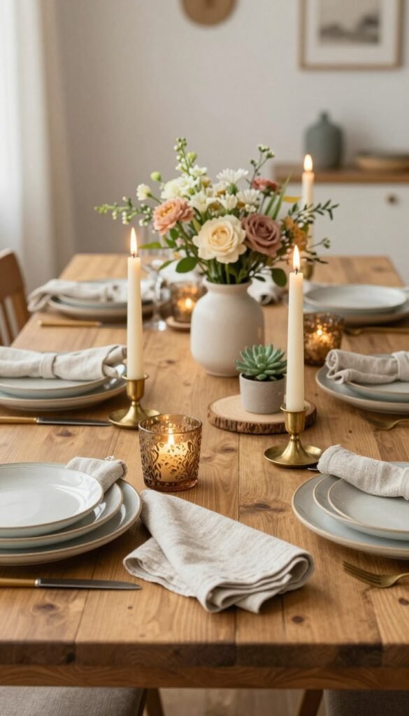 A beautifully arranged everyday table setting that embodies practical elegance, showcasing a blend of warm tones and natural textures. In the foreground, a rustic wooden tabletop features an arrangement of soft linen napkins, artisanal ceramic plates, and charming brass or glass candle holders with flickering candles. The middle ground displays a simple yet stylish centerpiece of fresh flowers in a modest vase, surrounded by a few carefully placed decorative items like small potted plants or rustic coasters. In the background, gently blurred elements of a cozy dining space enhance the inviting atmosphere. Soft, natural lighting floods the scene, accentuating the warm colors and creating a serene ambiance. Capture the aesthetic reminiscent of Pinterest inspiration with a focus on authenticity, embodying practical décor that works for daily life. Include subtle branding elements of "WohnKiste" integrated into the décor.
