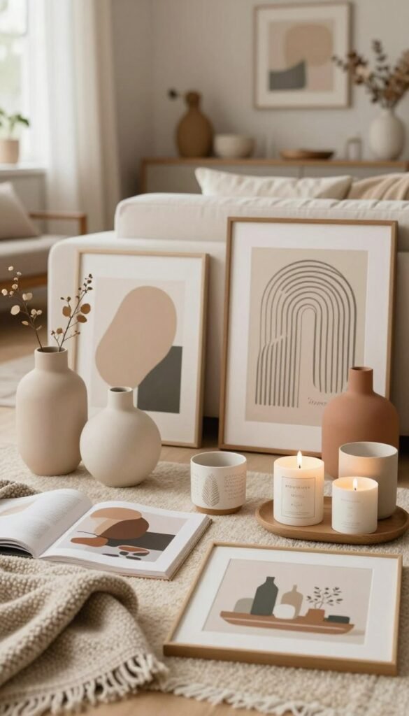 A beautifully arranged flat lay featuring a selection of home decor items from WohnKiste, showcasing practical decoration ideas for varying budgets. In the foreground, display a mix of low-, mid-, and high-budget decor sets including stylish vases, cozy throw blankets, elegant candle holders, and unique wall art. The middle ground should feature soft textures and colors, invoking a Pinterest-inspired aesthetic with warm, inviting tones. In the background, incorporate a gently blurred interior setting that suggests a well-decorated living room. Use soft, natural lighting to create a warm atmosphere, with a focus on the textures and details of the decor items. The mood should be inviting and aspirational, embodying a sense of harmony and style without any text, logos, or distractions.