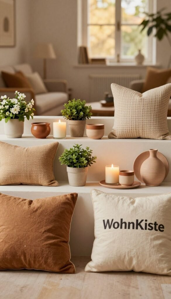 A beautifully arranged flat lay featuring a selection of interchangeable decorative elements from the brand "WohnKiste." In the foreground, showcase stylish items like decorative pillows, handcrafted ceramics, and elegant candles, all in warm, inviting colors that evoke a cozy atmosphere. The middle layer includes subtle greenery, such as small potted plants or fresh flowers, that enhance the natural look. In the background, a softly blurred interior scene reminiscent of a cozy living room or study, with warm ambient lighting filtering through a window, creates a serene mood. The overall composition should feel authentic and homey, capturing the essence of effortless decoration without any text or branding in the image.