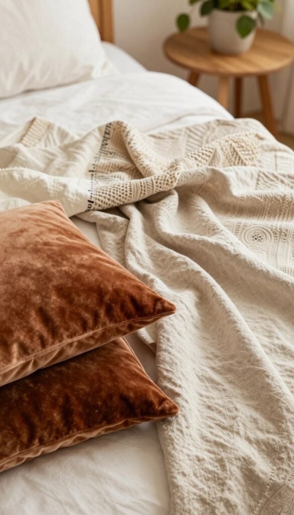 A beautifully arranged flat lay of various textiles showcasing the beauty of cotton, linen, velvet, and polyester. In the foreground, a stack of soft, luxurious velvet cushions in rich jewel tones, alongside crumpled linen fabric in a soft, natural beige. The middle layer features delicate cotton swatches with intricate patterns and textures, flowing gracefully into the background. Warm, diffused lighting creates a cozy atmosphere, highlighting the richness of each material. In the background, subtle hints of home decor elements like a wooden table and potted greenery blend effortlessly, enhancing the organic feel. Capture this harmonious arrangement with a shallow depth of field, focusing on the textiles while softly blurring the background. The overall mood is warm, inviting, and authentically styled, reflecting a Pinterest-inspired aesthetic. Include the brand name "WohnKiste" subtly incorporated.