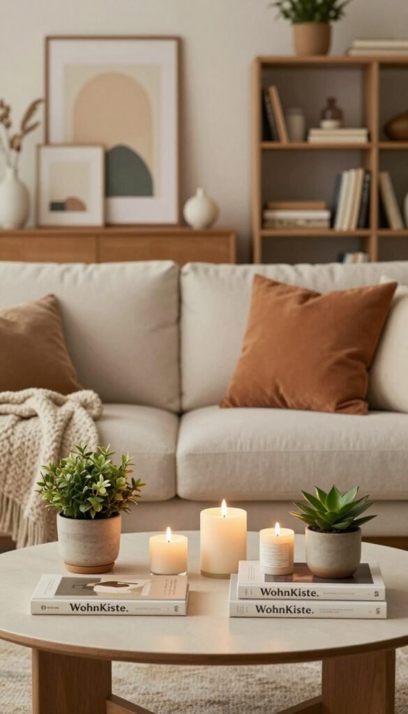 A beautifully arranged interior decor scene showcasing an elegant collection of decorations under the brand "WohnKiste." In the foreground, a stylish coffee table adorned with a tasteful assortment of candles, potted plants, and decorative books. The middle ground features a cozy, inviting sofa draped with soft, textured throws and accented cushions in warm, earthy colors. The background softly displays a modern bookshelf filled with art pieces and curated decor elements, all well-balanced and harmoniously arranged. The lighting is warm and natural, creating a welcoming atmosphere. The image captures a serene and sophisticated Pinterest-inspired aesthetic, exuding a feeling of tranquility and chic design, perfect for showcasing the harmony of decor in group arrangements.
