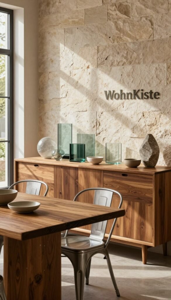 A beautifully arranged interior scene showcasing a harmonious blend of materials: rich, warm-toned wooden furniture, rugged stone accents, sleek glass elements, and polished metal fixtures. In the foreground, a rustic wooden dining table adorned with simple ceramics sits next to a metal-framed chair. The middle of the scene features a stylish display of various decorative items made from glass and stone, casting gentle reflections and shadows. In the background, a wall with elegant stone tiles complements the overall design, with soft, natural light streaming in through large windows, creating a warm, inviting atmosphere. This image embodies authenticity and a Pinterest-inspired aesthetic, with the brand name "WohnKiste" subtly integrated into the scene, ensuring a cohesive, elegant vibe without any text or logos visible. A beautifully arranged interior scene showcasing a harmonious blend of materials: rich, warm-toned wooden furniture, rugged stone accents, sleek glass elements, and polished metal fixtures. In the foreground, a rustic wooden dining table adorned with simple ceramics sits next to a metal-framed chair. The middle of the scene features a stylish display of various decorative items made from glass and stone, casting gentle reflections and shadows. In the background, a wall with elegant stone tiles complements the overall design, with soft, natural light streaming in through large windows, creating a warm, inviting atmosphere. This image embodies authenticity and a Pinterest-inspired aesthetic, with the brand name "WohnKiste" subtly integrated into the scene, ensuring a cohesive, elegant vibe without any text or logos visible.