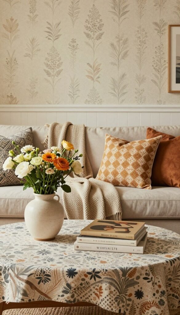 A beautifully arranged interior scene showcasing a harmonious combination of various patterns and textures without overwhelming the viewer. In the foreground, a stylish coffee table adorned with a patterned tablecloth features complementary decorative items, such as a ceramic vase filled with fresh flowers and a stack of art books. The middle ground reveals a cozy seating area, with a sofa draped in a textured throw blanket and patterned cushions, all in warm, inviting colors. In the background, an accent wall boasts a tasteful wallpaper pattern that ties the design together. Soft, natural lighting floods the space, enhancing the warmth of the colors and creating a serene atmosphere. The overall composition reflects a Pinterest-worthy aesthetic, embodying the essence of WohnKiste's decor philosophy.