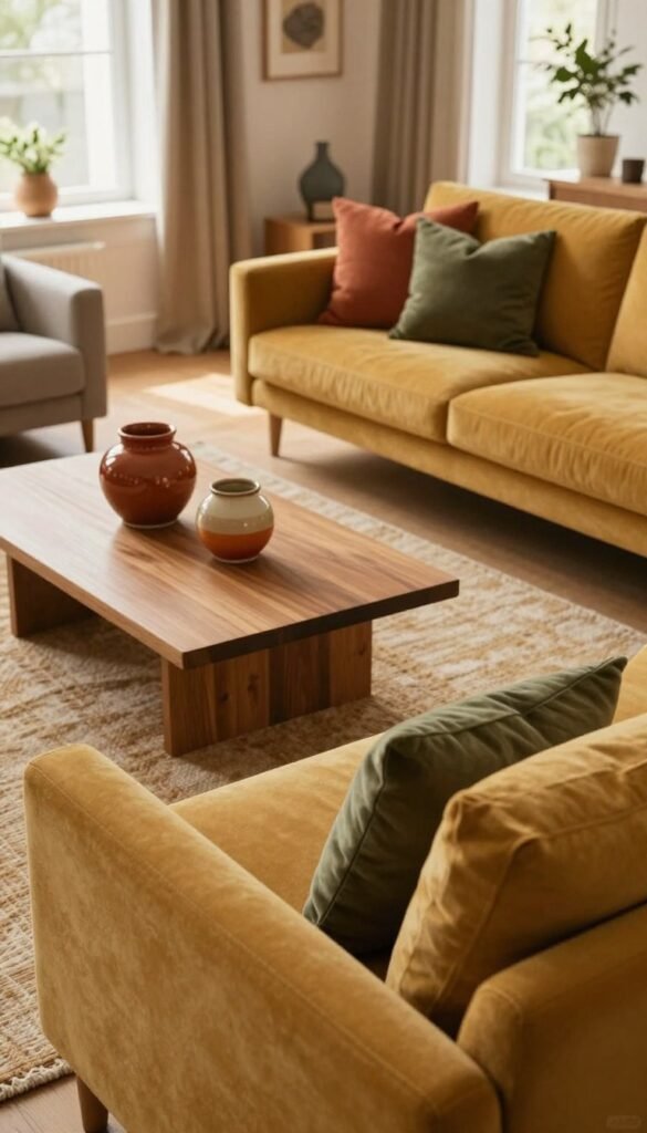 A beautifully arranged interior scene showcasing a harmonious combination of warm colors in furniture and decor. In the foreground, a cozy living room features a stylish, plush sofa in deep mustard yellow, accented with soft throw pillows in earthy terracotta and rich olive green. The middle ground showcases a wooden coffee table with elegant ceramic decor in complementary shades, while a textured area rug in warm beige pulls the entire space together. In the background, large windows allow natural light to filter in, creating a soft glow that enhances the inviting atmosphere. The overall mood is serene and welcoming, reminiscent of a Pinterest-perfect home by "Wohnkiste." The image should have a slightly elevated angle to capture depth and detail, with a focus on warm tones and an organic, authentic feel.