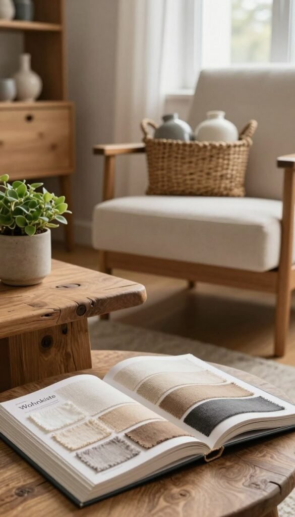 A beautifully arranged interior scene showcasing a selection of diverse materials and textures that reflect various design styles, hand-crafted wooden elements, soft textiles like linen and cotton, and elegant ceramics, creating a warm and inviting atmosphere. In the foreground, a cozy textile swatch book lies open, displaying natural color palettes, while a rustic wooden table with a small potted plant adds a touch of life. In the middle ground, a stylish armchair upholstered in a soft fabric complements a woven basket filled with decorative items. The background features a softly lit window, allowing natural light to spill in, enhancing the warm color tones. The overall mood is authentic and harmonious, embodying the essence of "Wohnkiste" design aesthetics, without any text or logos present. A beautifully arranged interior scene showcasing a selection of diverse materials and textures that reflect various design styles, hand-crafted wooden elements, soft textiles like linen and cotton, and elegant ceramics, creating a warm and inviting atmosphere. In the foreground, a cozy textile swatch book lies open, displaying natural color palettes, while a rustic wooden table with a small potted plant adds a touch of life. In the middle ground, a stylish armchair upholstered in a soft fabric complements a woven basket filled with decorative items. The background features a softly lit window, allowing natural light to spill in, enhancing the warm color tones. The overall mood is authentic and harmonious, embodying the essence of "Wohnkiste" design aesthetics, without any text or logos present.