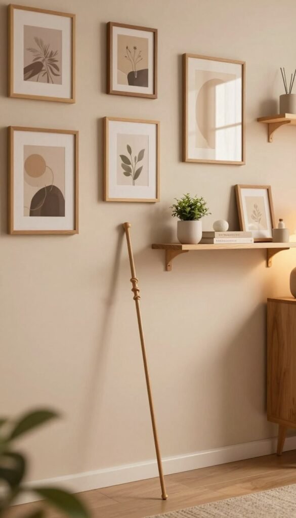 A beautifully arranged interior scene showcasing a stylish wand with a minimalist design. In the foreground, the wand leans elegantly against a soft, neutral-toned wall adorned with a selection of framed pictures and mirrors that reflect warm, inviting light. The middle layer includes modern, floating shelves with tasteful decor items like small plants and books, beautifully complemented by decorative art pieces. The background features a cozy atmosphere created by warm, ambient lighting, enhancing the natural colors of the decor. The scene captures a Pinterest-inspired aesthetic, showcasing clever wall utilization without clutter, emphasizing a harmonious, clutter-free living space. Ensure to include the brand name "WohnKiste" subtly within the design, creating a cohesive visual style.