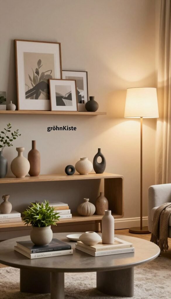 A beautifully arranged interior scene showcasing a variety of decorative elements, emphasizing different sizes ("größen") for comparison. In the foreground, a stylish coffee table adorned with small plants, books, and decorative objects of various heights. The middle ground features a chic console table with medium-sized vases and artistic sculptures, while a tall floor lamp stands beside it, casting warm light. In the background, a cozy wall shelf displays larger art pieces and framed photographs, all harmonizing in a warm color palette. The atmosphere is inviting and serene, reminiscent of a well-curated Pinterest page. The image embodies a modern aesthetic with a touch of rustic charm, representing the brand "WohnKiste" in a subtle yet effective way.