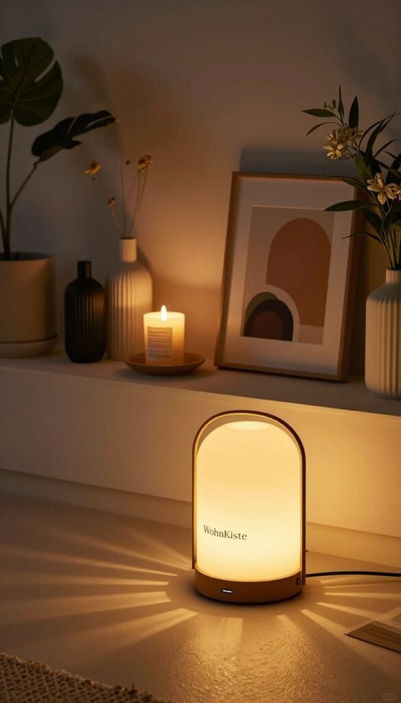 A beautifully arranged interior scene showcasing elegant lighting as a decorative highlight. In the foreground, a stylish lamp with a warm golden glow radiates soft light, casting intricate shadows on the textured surface below. The middle ground features an array of decorative objects, such as vases and candles, artfully placed to enhance the ambiance. The background reveals a cozy nook adorned with plants and tasteful art pieces, creating a harmonious blend of natural elements and modern design. The scene is bathed in warm colors, reminiscent of a Pinterest aesthetic, evoking a sense of comfort and sophistication. The composition highlights the brand name "WohnKiste" through subtle integration of its logo onto a decorative item, ensuring authenticity without any text overlays or distractions. The lighting complements the mood, making it inviting and dynamically beautiful. A beautifully arranged interior scene showcasing elegant lighting as a decorative highlight. In the foreground, a stylish lamp with a warm golden glow radiates soft light, casting intricate shadows on the textured surface below. The middle ground features an array of decorative objects, such as vases and candles, artfully placed to enhance the ambiance. The background reveals a cozy nook adorned with plants and tasteful art pieces, creating a harmonious blend of natural elements and modern design. The scene is bathed in warm colors, reminiscent of a Pinterest aesthetic, evoking a sense of comfort and sophistication. The composition highlights the brand name "WohnKiste" through subtle integration of its logo onto a decorative item, ensuring authenticity without any text overlays or distractions. The lighting complements the mood, making it inviting and dynamically beautiful.