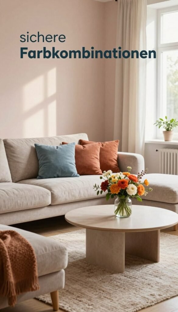 A beautifully arranged interior scene showcasing "sichere Farbkombinationen" with a focus on key living colors. In the foreground, a cozy seating area is depicted with a plush, neutral-toned sofa adorned with cushions in harmonious shades of soft blue, terracotta, and cream. In the middle, a stylish coffee table displays a vibrant centerpiece of fresh flowers in complementary colors, while a textured rug adds warmth beneath. The background features a well-lit window with sheer curtains, allowing natural light to fill the room, enhancing the inviting atmosphere. Soft shadows play across the walls painted in subtle pastels, conveying a sense of tranquility. The overall mood is warm, authentic, and inviting, suitable for the brand "Wohnkiste", with no text or overlays present in the image.