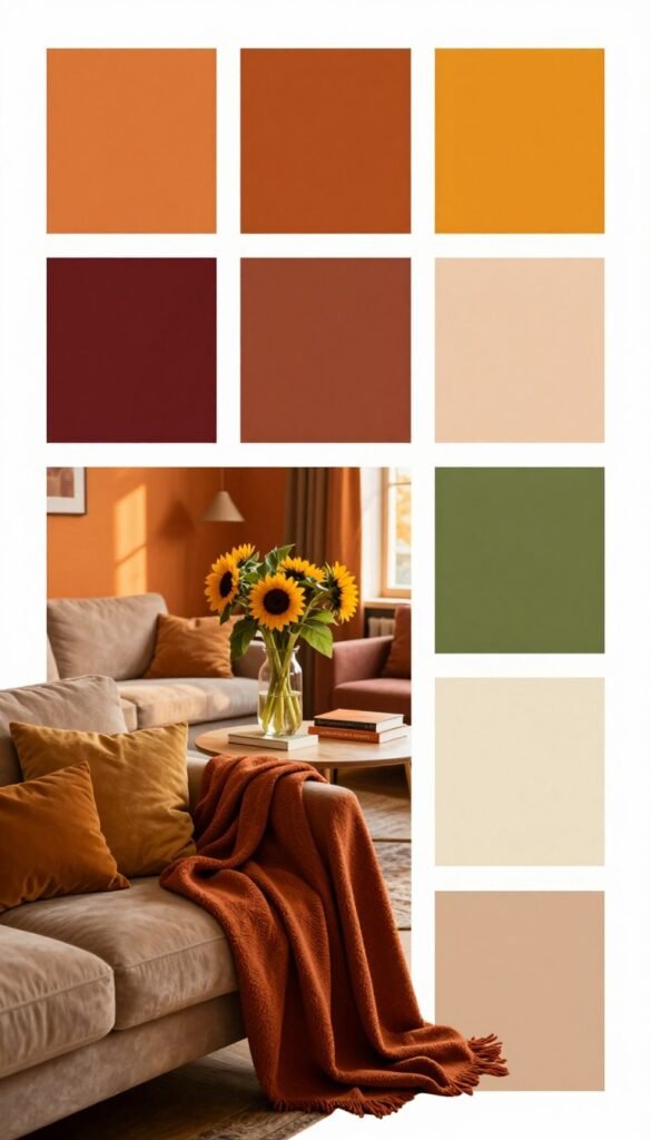 A beautifully arranged interior scene showcasing the 12 warm colors suitable for living spaces, inspired by a Pinterest aesthetic. In the foreground, a cozy living room with a soft, inviting sofa draped in a rich terracotta throw and adorned with mustard yellow cushions. In the middle, a stylish coffee table featuring a vase of sunflowers and warm-hued books, surrounded by walls painted in a harmonious blend of burnt orange, deep burgundy, rust, soft peach, rich cream, and olive green. In the background, a softly lit window allowing warm golden light to filter through, enhancing the atmosphere of comfort and home. The scene should evoke feelings of warmth and tranquility, perfect for illustrating "Wohnkiste" brand aesthetics. No text, watermarks, or additional elements should be present.