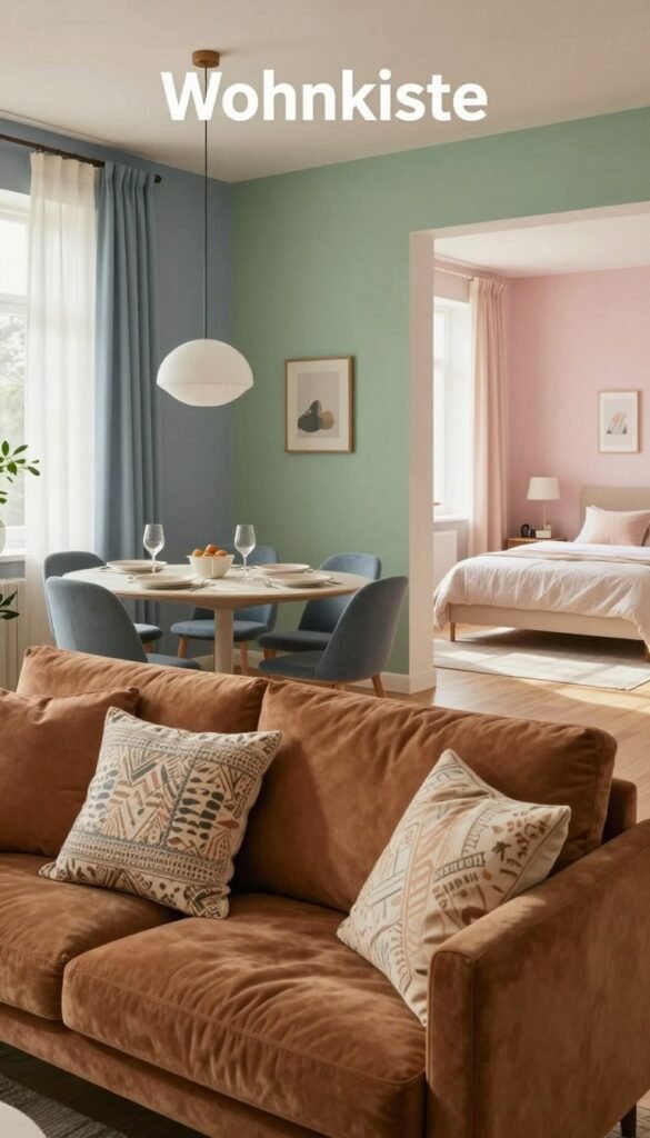 A beautifully arranged interior scene showcasing various rooms, each designed with distinct color palettes tailored to specific atmospheres. In the foreground, a cozy living room with warm earth tones, featuring a plush sofa and decorative cushions. The middle section reveals a dining room in soothing blues and greens, with a modern table set for dinner. The background captures a bright, airy bedroom adorned in soft pastels. Natural light filters through sheer curtains, casting gentle shadows. The overall mood is harmonious and inviting, reflecting the warmth and comfort of a well-designed home. The image embodies the "Wohnkiste" brand aesthetic, highlighting authenticity with a Pinterest-inspired look, without any text or captions.