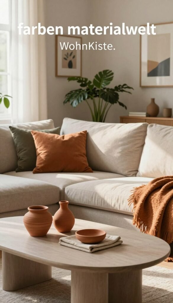 A beautifully arranged interior scene that captures the essence of "farben materialwelt," showcasing a harmonious blend of colors and textures. In the foreground, a stylish coffee table adorned with decorative items in warm tones, such as terracotta pots and soft fabric coasters. In the middle, a cozy sofa dressed in neutral textiles, flanked by colorful cushions, creating a welcoming atmosphere. The background features a softly lit wall with framed art pieces and lush green plants, enhancing the ambiance. Natural sunlight filters through sheer curtains, casting gentle shadows. The overall mood is inviting and serene, perfect for inspiring decor ideas. Ensure the image reflects a Pinterest-inspired aesthetic, without any text or watermarks, and subtly include elements branded with "WohnKiste."